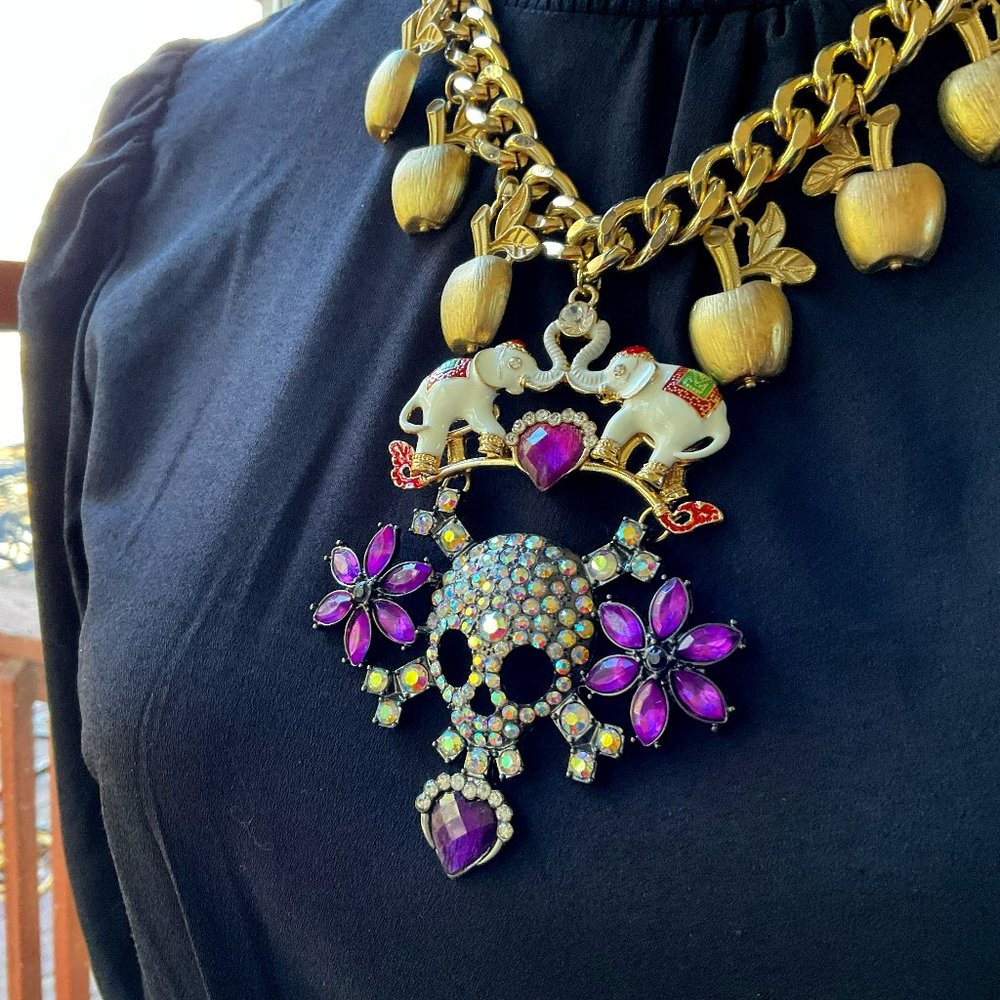 Betsey Johnson Apples and Elephants Skull Necklace